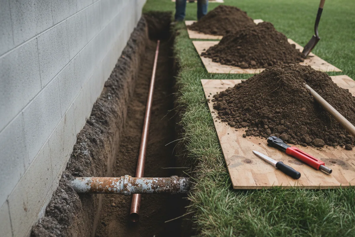 Excavated water line trench during Sewer Line Repair in Solon